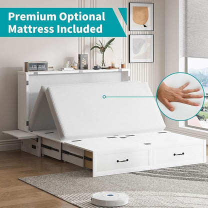 BALUS Queen Murphy Bed with Mattress, Cabinet Bed with Mattress & USB Charging Ports & Storage Drawers, Space-Saving Chest Murphy Beds, Hidden Cabinet Beds for Bedroom, Office - White