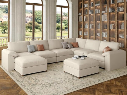EASE MOOSE Faux Leather Sectional Couch, Oversized Modular Sofa, Modern Comfy Modular Couch, Scratch Resistant Material Sofas, U Shaped Couch for Big Spaces, Beige