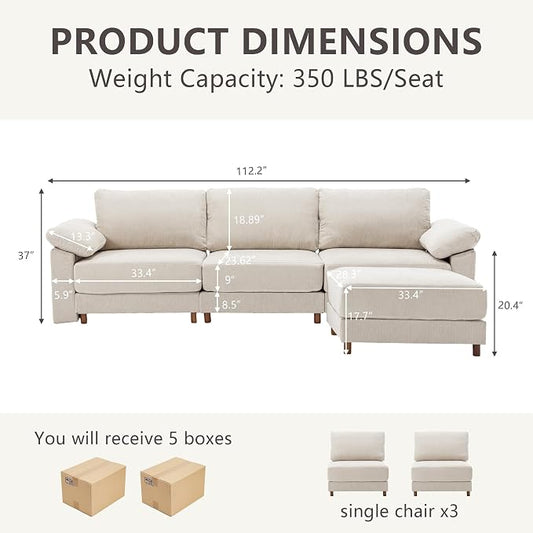 Oversized Modular Cloud Couch with Removable Washable Cover, L -Shaped Sectional for Large Living Room, Plush Chenille & Deep Seat（Beige）