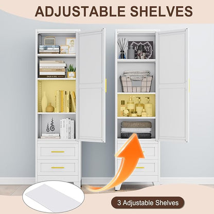 Tall Metal Narrow Storage Cabinet 67" H with 2 Drawer, White Pantry Cabinets with 2 Adjustable Shelves and Door,Tall Bathroom Cabinet for Kitchen, Home Office, Living Room, Dining Room