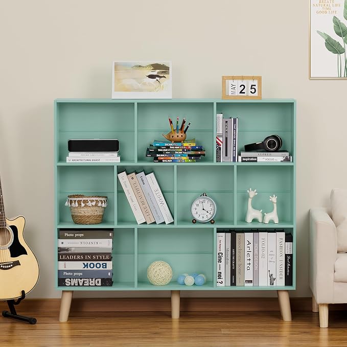 LEYAOYAO 10 Cube Bookshelf,3 Tier Modern Wide Bookcase with Legs,Mid-Century Wood Bookshelves Storage,Mint-Green Large Book Case,Freestanding Organizer Display Shelf for Bedroom,Living Room,Office