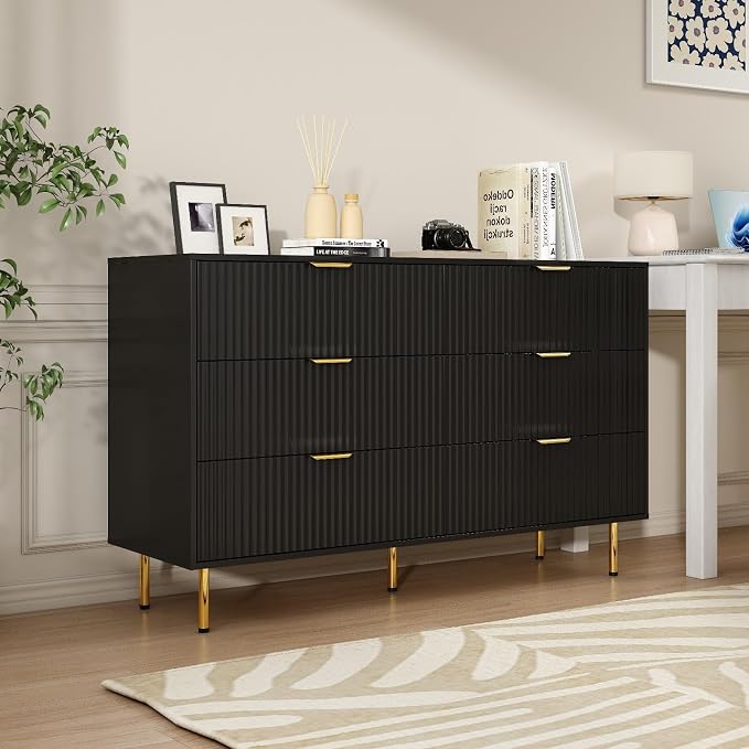 Fluted Black 6 Drawers Dresser for Bedroom, 56 inch Wide Chest of Drawer Dressers with Gold Handle, Modern Wooden Closet Clothes Storage Organizer Cabinet Table Dresser for Living Room