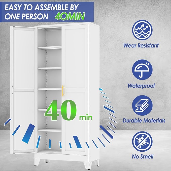 75" Metal Garage Storage Cabinet with 2 Doors and 5 Adjustable Shelves,Metal Storage Cabinets,Steel Tool Cabinets for Home,Office,Garage,Warehouse, Widen (White, 75''H x 32''W x 16''D-B)