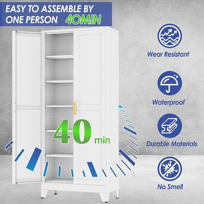 75" Metal Garage Storage Cabinet with 2 Doors and 5 Adjustable Shelves,Metal Storage Cabinets,Steel Tool Cabinets for Home,Office,Garage,Warehouse, Widen (White, 75''H x 32''W x 16''D-B)