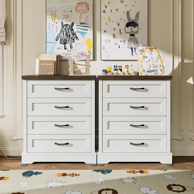 AODK White Farmhouse 4 Drawer Dresser for Bedroom, 39" Tall Engineered Wooden Chest of Drawers with Metal Handle, Modern Storage Cabinet and Organizers for Closet, Living Room, Entryway, Walnut Top