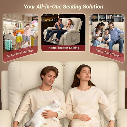 RV Loveseat Recliner Sofa, Reclining Loveseat Wall Hugger Recliners with USB Ports, Cup Holders, Insert Pockets, RV Recliners for Travel Trailers & Living Room, RV Furniture | RV Couch | Beige