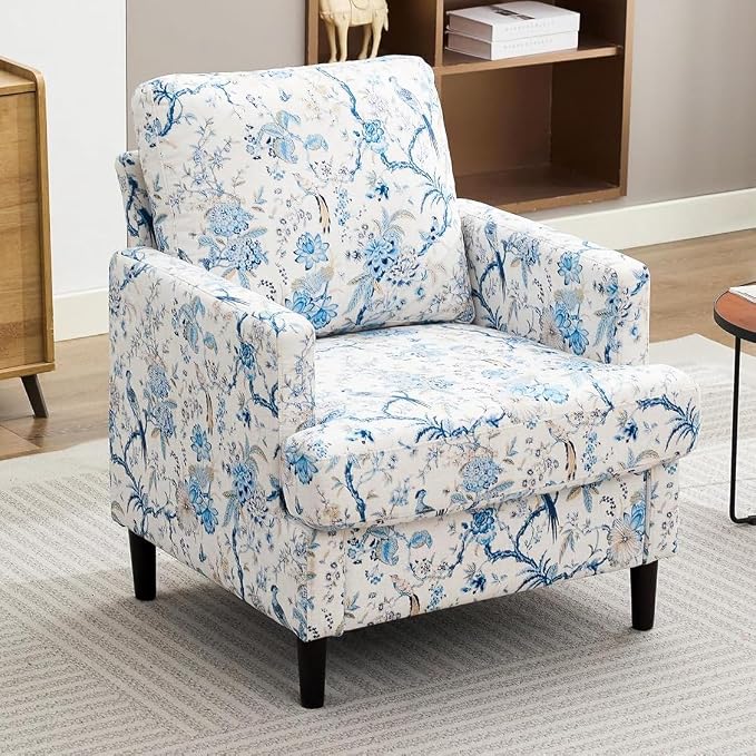 Weture Mid-Century Accent Chair,Modern Linen Fabric Armchair for Living Room,Comfy Upholstered Reading Accent Chairs for Bedroom,Single Sofa Chair with Wood Legs (Blue Flowered Bird, 1 Pack)
