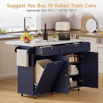 ONBRILL 60" Kitchen Island with Power Outlet & Drop Leaf, Rolling Island with Spice Rack & Towel Rack, Kitchen Island Cart with Trash Storage Cabinet, Island Table for Kitchen, Blue+Imitation Marble