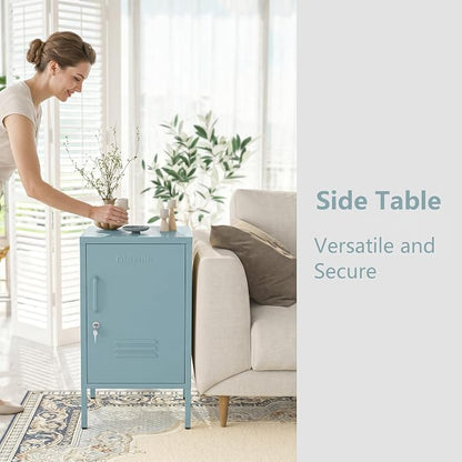 Single Door Lockable Metal End Table & Children's Bedside Table, 2-Tier Storage Cabinet with Adjustable Shelf, Easy Assembly Side Table for Living Room Bedroom Home Office Blue