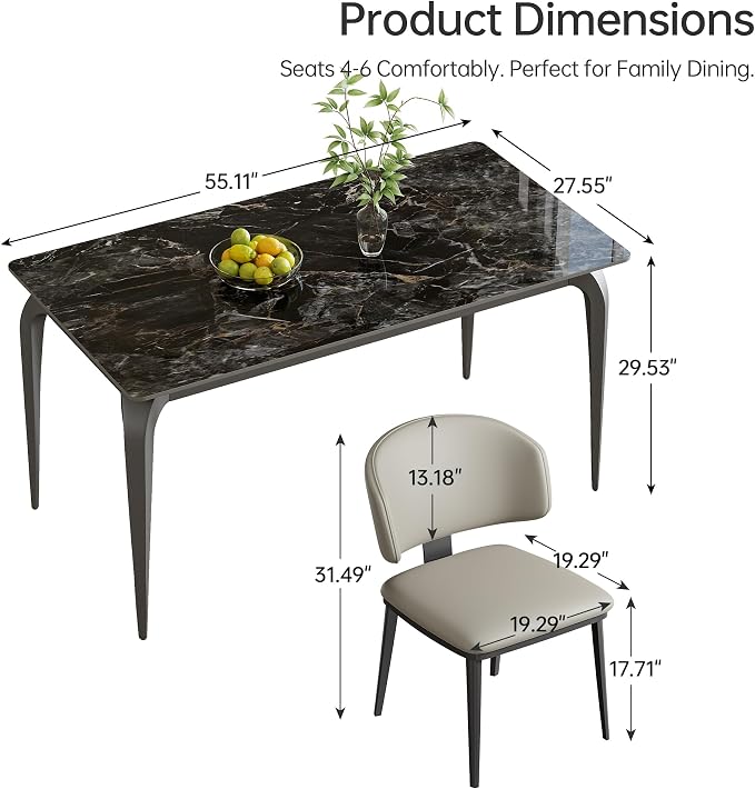 55" Black Rectangular Sintered Stone Dinner Table | Fits Modern and Farmhouse Style for Indoor,Outdoor,Kitchen,Apartment,Small Space,Picnic Use，Household Dinner Table