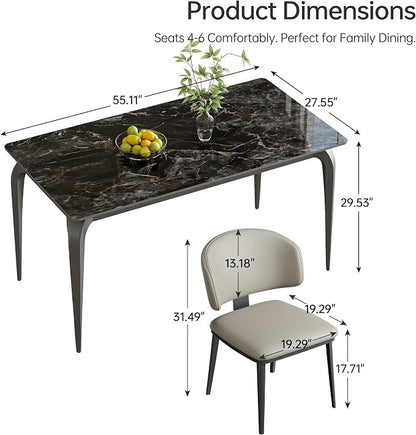 55" Black Rectangular Sintered Stone Dinner Table | Fits Modern and Farmhouse Style for Indoor,Outdoor,Kitchen,Apartment,Small Space,Picnic Use，Household Dinner Table