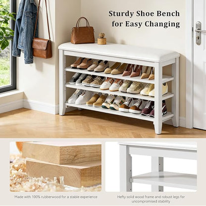 Shoe Rack Bench Entryway Storage with Leather Cushion, Shoe Organizer Bench for Entryway, Ideal for Front Doors Entrances Hallway Mudroom Featuring Rubberwood And 3 Height-Adjustable Removable Shelve