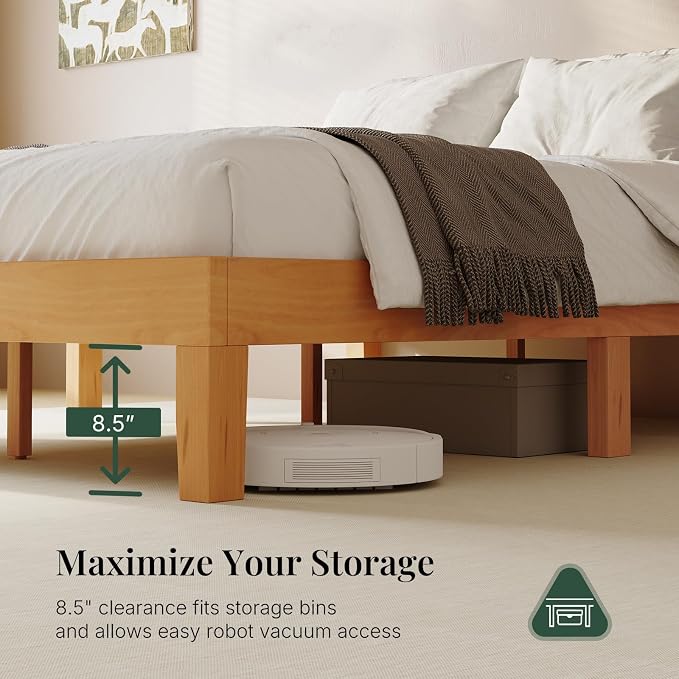 Sweetcrispy Queen Size Bed Frame 12 inch Heavy Duty Platform Bedframe, 1000 lbs Capacity, Underbed Storage, No Box Spring Needed, Wooden Slats, Easy Assembly with Velcro, Honey Finish