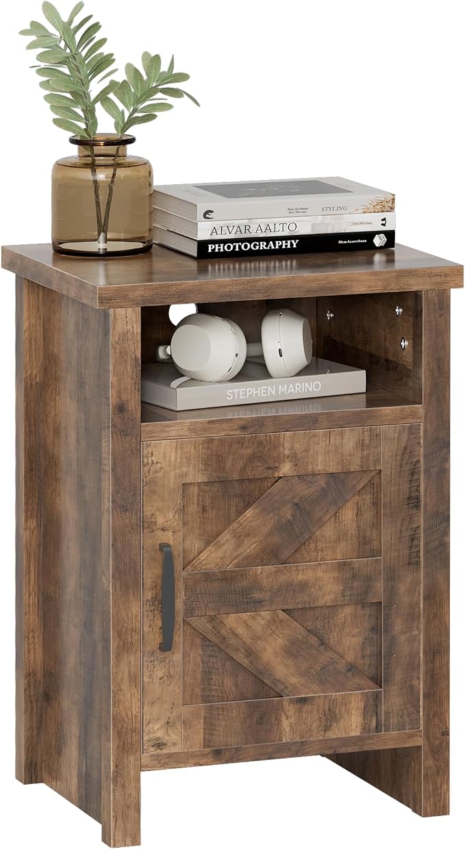 YESHOMY Farmhouse Modern Nightstand with Shelf and Barn Door, Set of 1 for Bedroom, Brown