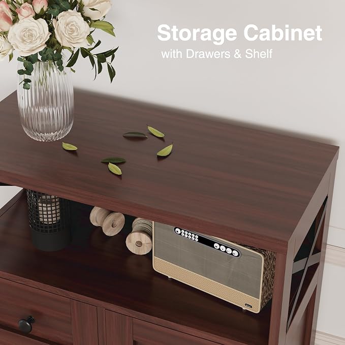 Befrases Set of 2 Dark Brown Storage Cabinet with Drawers and Shelves, Standing Kitchen Pantry Cabinet, Floor Storage Cabinet Hutch Cupboard, Coffee Bar Station for Dining Living Room Home Office
