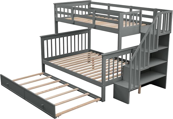 MERITLINE Twin Over Full Bunk Bed with Trundle, Storage Staircase,Solid Wood Bunk Bed with Stairs Box and Guardrail, No Spring Box Needed (Grey &Trundle,Twin Over Full)