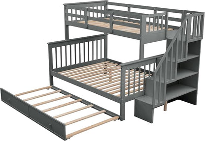 MERITLINE Twin Over Full Bunk Bed with Trundle, Storage Staircase,Solid Wood Bunk Bed with Stairs Box and Guardrail, No Spring Box Needed (Grey &Trundle,Twin Over Full)