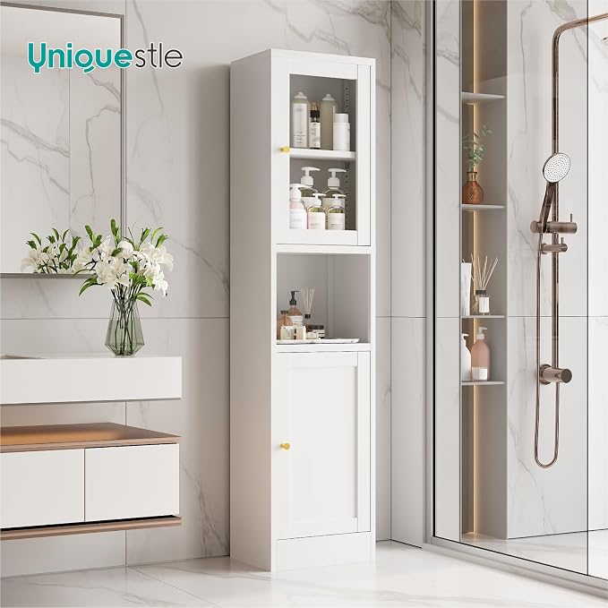 67" Tall Narrow Storage Cabinet with Glass Door and Open Shelf,Metal Pantry Cabinet with Adjustable Shelves,Shaker Style Slim Cabinet for Bathroom Kitchen Small Spaces, White, 1Pc