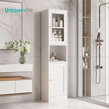 67" Tall Narrow Storage Cabinet with Glass Door and Open Shelf,Metal Pantry Cabinet with Adjustable Shelves,Shaker Style Slim Cabinet for Bathroom Kitchen Small Spaces, White, 1Pc