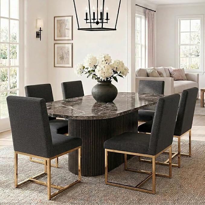 HNY Modern Dining Chairs Set of 6, Upholstered Linen Dining Room Chairs with Ergonomic Back & Polished Gold Metal Frame for Home, Kitchen, Apartment, Charcoal Black