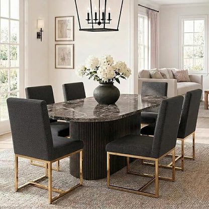 HNY Modern Dining Chairs Set of 6, Upholstered Linen Dining Room Chairs with Ergonomic Back & Polished Gold Metal Frame for Home, Kitchen, Apartment, Charcoal Black