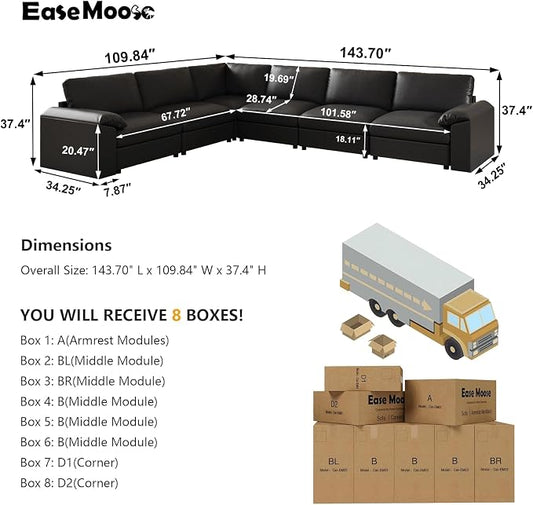 EASE MOOSE Leather Sectional Couch, Oversized Modular Sectional Sofa, Classic Wide Deep Seat Modular Couch, Scratch Resistant Faux Leather Material, L Shaped Sofas for Living Room, Black