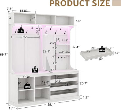 iPormis 70“ Large Hall Tree with Bench and Adjustable Shoe Storage, 6-in-1 Farmhouse Entryway Bench w/Coat Rack, Top Storage, Small Shelves for Entryway, Living Room, Led Lights, White
