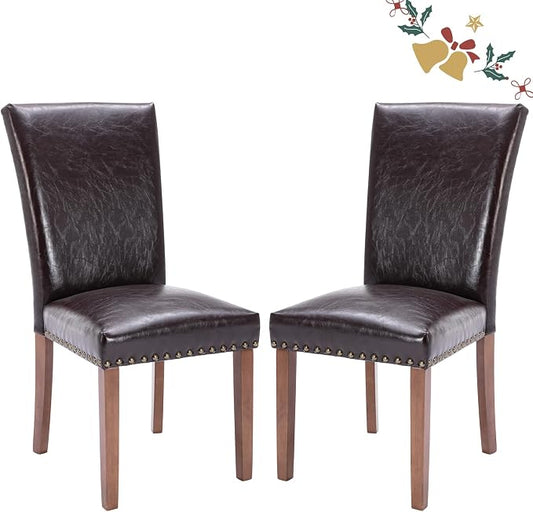 Parsons Dining Chairs Set of 2, Upholstered Nailhead PU Leather Dining Room Kitchen Side Chair with Thick Cushions and Wood Legs, Dark Brown