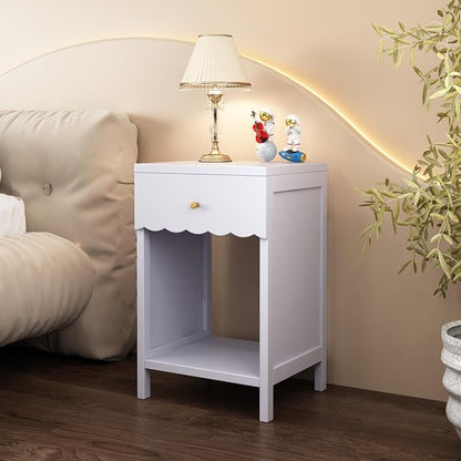 Night Stand Nightstand with Drawer and Open Shelf, Cute Scalloped Edge Bedside Table for Girls Bedroom, Modern Wood End Table, Coquette Preppy Room Decor for Bedroom, Dorm