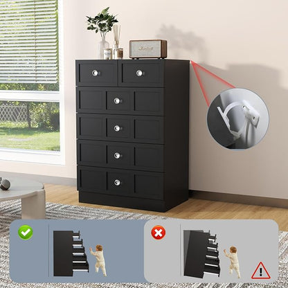 6 Drawer Dresser for Bedroom: 24" Black Wide Tall Dressers for Bedroom, Modern Fluted Dresser with Deep Drawers, Wooden Chest of Drawers for Living Room