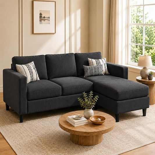 73.6" Convertible Sectional Sofa Couch with Reversible Ottoman, Modern 3-Seater L-Shaped Couch for Small Spaces, Compact Fabric Sofa for Apartment, Living Room & Office, Easy Assembly (Gray)