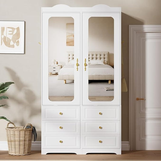 Armoire Wardrobe Closet, White Bedroom Armoires Cabinet with Mirror Door and 6 Drawers, 15.7" W/69.5" H Clothing Storage Cabinet with Hanging Rod & Sensor Light for Bedroom-Left+Right