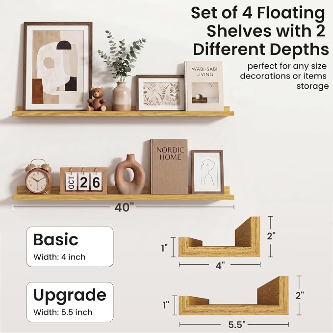 Axeman Picture Ledge Shelf | 40 Inch Floating Shelves Set of 4 | Oak Wall Shelves with Lip | Oak Picture Shelf for Wall with Ledge | Wood Photo Ledges for Living Room Bedroom