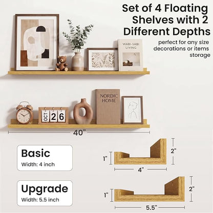 Axeman Picture Ledge Shelf | 40 Inch Floating Shelves Set of 4 | Oak Wall Shelves with Lip | Oak Picture Shelf for Wall with Ledge | Wood Photo Ledges for Living Room Bedroom