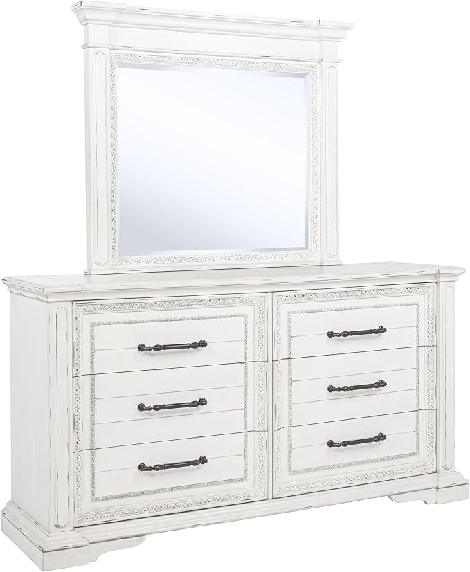 Coaster Home Furnishings - McKinney - Poplar Wood - 6-Drawer Dresser with 50-Inch Rectangular Mirror, Traditional Style, Jewelry Tray, and Antique Bronze Hardware - Bedroom - Vintage White - 215873M
