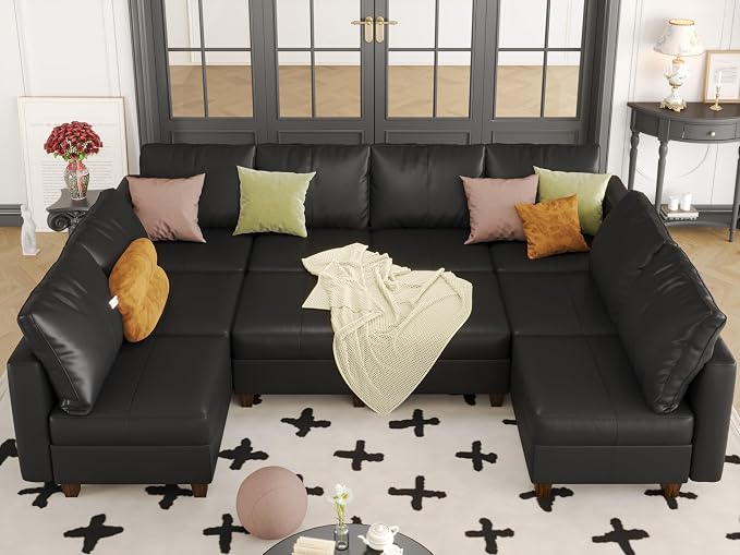 EASE MOOSE Faux Leather Sectional Couch with Storage,Black U Shaped Faux Leather Modualr Sofa Couch
