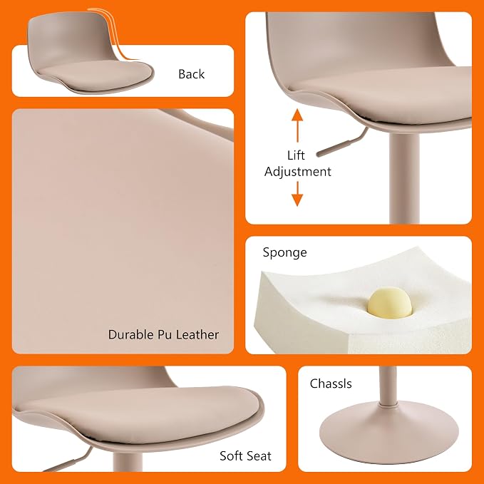 Kidol & Shellder Bar Stools Set of 2 Cream Adjustable Swivel Counter Height Stools, Modern PU Leather Upholstered with Back Solid Color Barstools for Kitchen Island