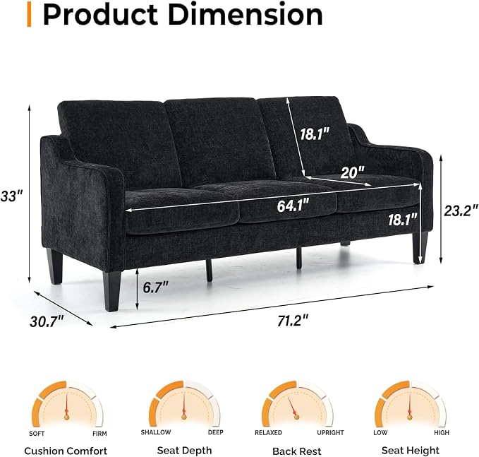 VINGLI Black Couches for Living Room, 71" Small Couch Comfy 3 Seater Upholstered Chenille Sofa Mid-Century Modern Floor Sofas for Small Spaces, Bedroom, Apartment, Lounge, Office