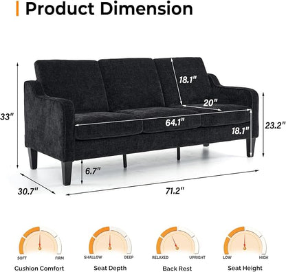 VINGLI Black Couches for Living Room, 71" Small Couch Comfy 3 Seater Upholstered Chenille Sofa Mid-Century Modern Floor Sofas for Small Spaces, Bedroom, Apartment, Lounge, Office