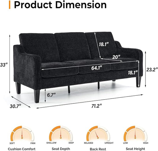 VINGLI Black Couches for Living Room, 71" Small Couch Comfy 3 Seater Upholstered Chenille Sofa Mid-Century Modern Floor Sofas for Small Spaces, Bedroom, Apartment, Lounge, Office