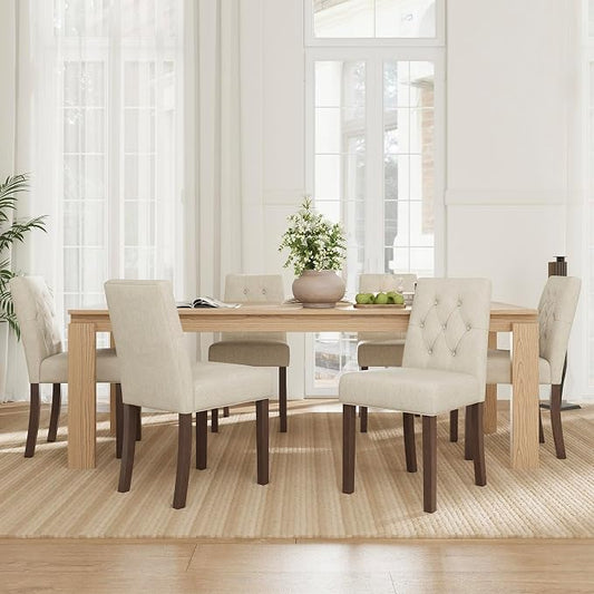 Upholstered Dining Chairs Set of 6, Modern Fabric Dining Chairs with Tufted Design, Kitchen Side Chairs, Farmhouse Dinner Chair with Wood Legs for Kitchen Restaurant Living Room, Beige