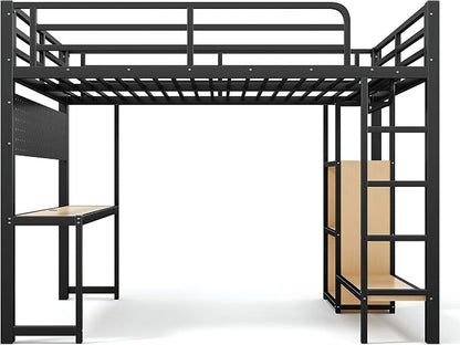 Bellemave Queen Size Loft Bed with Desk,with USB Ports, Lights, and Hanging Rod, Cave Board Design, Metal Queen Loft Bed Frame for Adults, Kids, Teens, Black