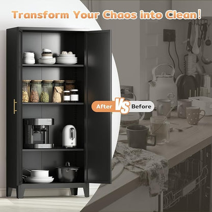 Zevemomo 61" H Metal Kitchen Pantry Cabinet, Freestanding Cupboard with 2 Doors and 3 Adjustable Shelves, Tall Metal Storage Cabinet for Kitchen, Bathroom, Dinning Room or Laundry Room （Black）