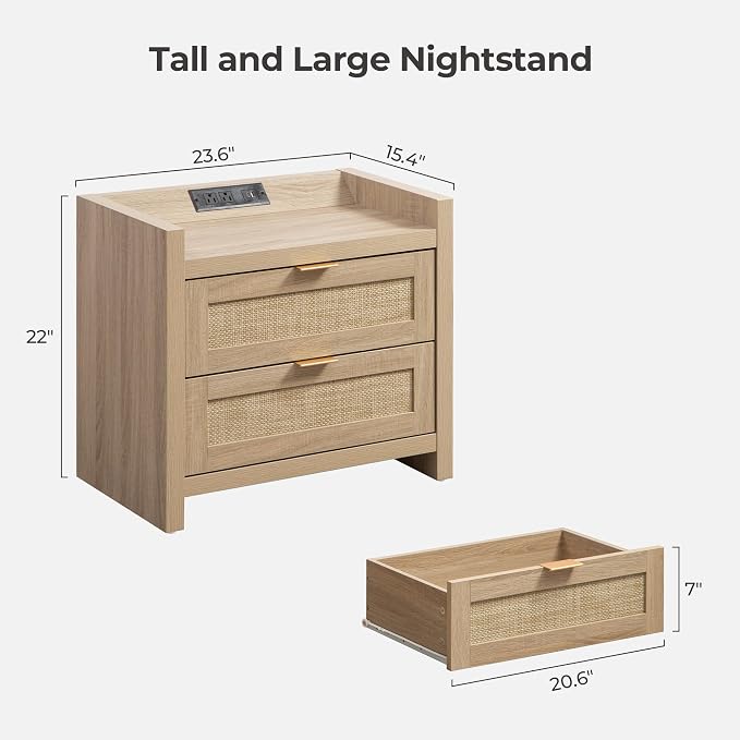 SICOTAS Rattan Nightstands Set of 2 Bedside Table - Bed Night Stand with Type-C Charging Station, 2 Drawers Storage - Boho Night Stands End Table for Bedroom Office - Light Oak