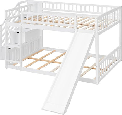 RUNNA Full Over Full Bunk Bed, Staircase with Drawers, Slide, Ladder | full over full bunk bed, staircase with drawers, convertible slide and ladder, solid pine wood, guardrails, no box spring