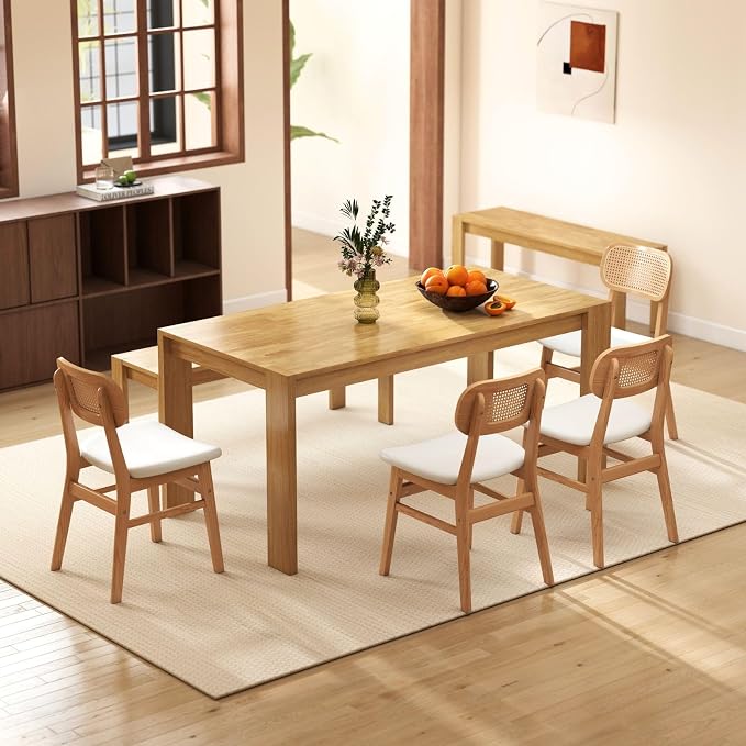 ROCITY Rattan Dining Chairs Set of 4 White Lambswool Dining Room Chairs Natural Wooden Kitchen Chairs Farmhouse