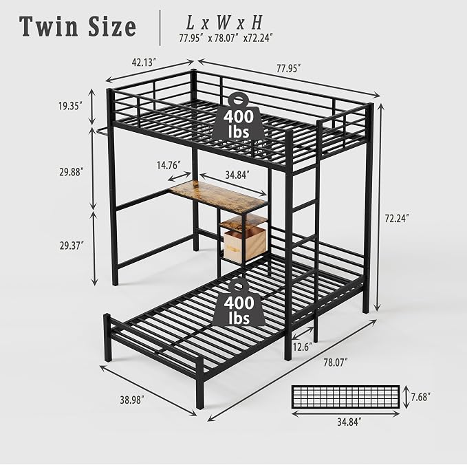 Bellemave Twin Over Twin bunk beds with Desk, loft Bed with Desk and Shelves Drawer, Twin Metal Bunk Beds with Storage, Black
