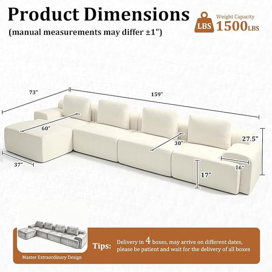159" L Shaped Oversized Boneless Couch, Comfort Cloud Sectional Couches for Living Room, Modular Sofa High Back & Extra Deep Seat, No Assembly, Chenille (Warm White, 159 inch-L Shaped（4+1）)