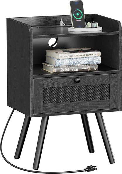 SUPERJARE Nightstand with Charging Station, Bedside Table with Texilene Surface Drawers, Rattan Side Table with Storage & Solid Wood Feet, End Table for Bedroom, All Black