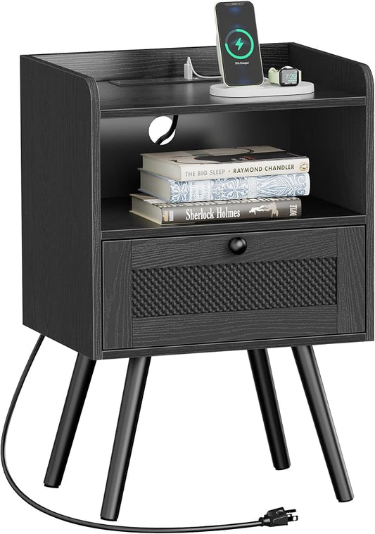 SUPERJARE Nightstand with Charging Station, Bedside Table with Texilene Surface Drawers, Rattan Side Table with Storage & Solid Wood Feet, End Table for Bedroom, All Black